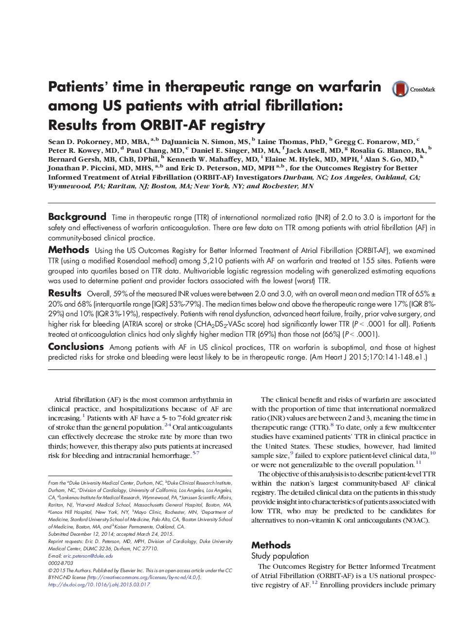 Clinical InvestigationElectrophysiologyPatients' time in therapeutic range on warfarin among US patients with atrial fibrillation: Results from ORBIT-AF registry