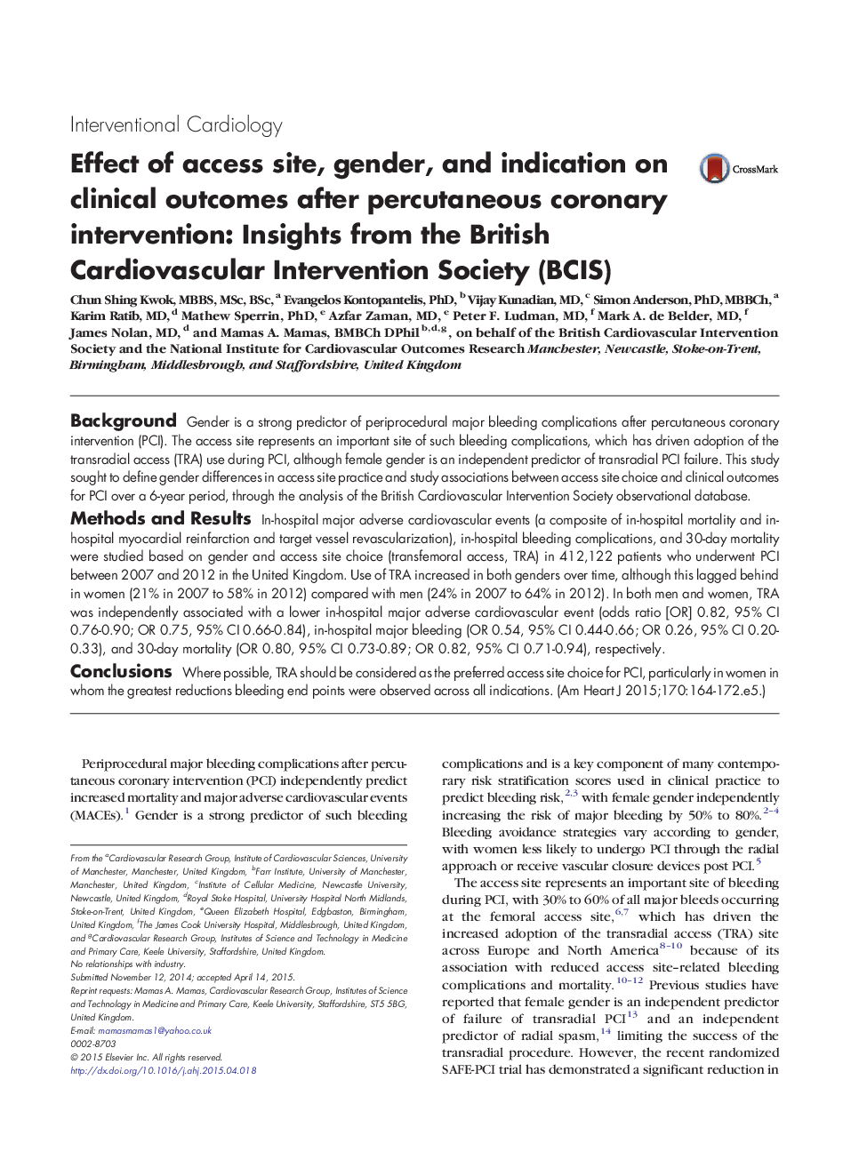 Effect of access site, gender, and indication on clinical outcomes after percutaneous coronary intervention: Insights from the British Cardiovascular Intervention Society (BCIS)