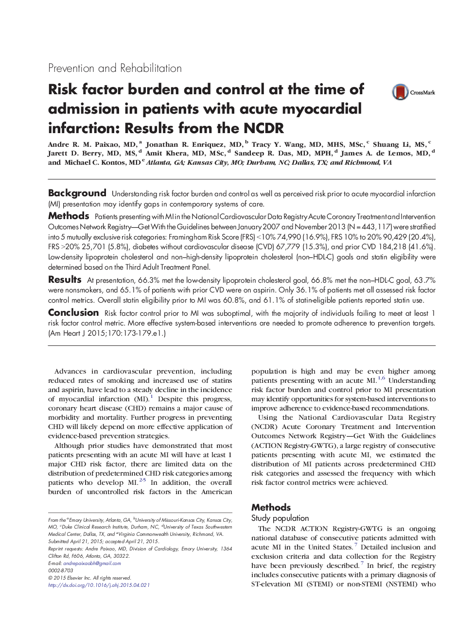 Risk factor burden and control at the time of admission in patients with acute myocardial infarction: Results from the NCDR