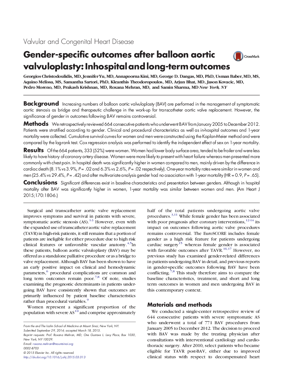 Clinical InvestigationValvular and Congenital Heart DiseaseGender-specific outcomes after balloon aortic valvuloplasty: Inhospital and long-term outcomes