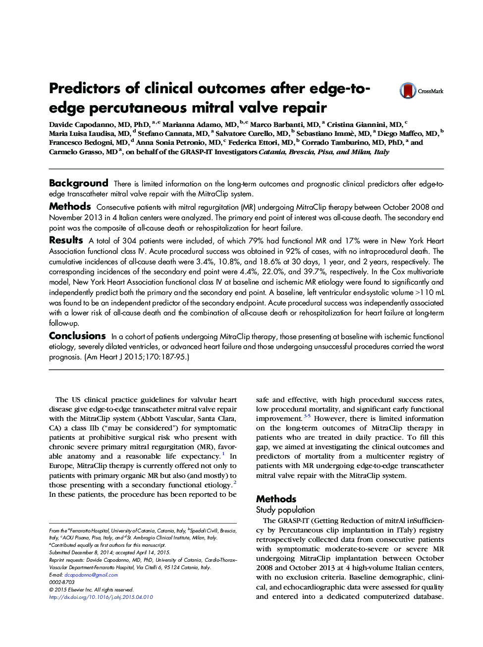 Predictors of clinical outcomes after edge-to-edge percutaneous mitral valve repair