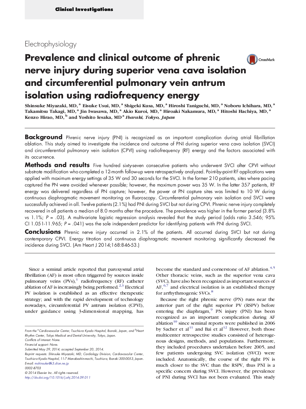 Prevalence and clinical outcome of phrenic nerve injury during superior vena cava isolation and circumferential pulmonary vein antrum isolation using radiofrequency energy