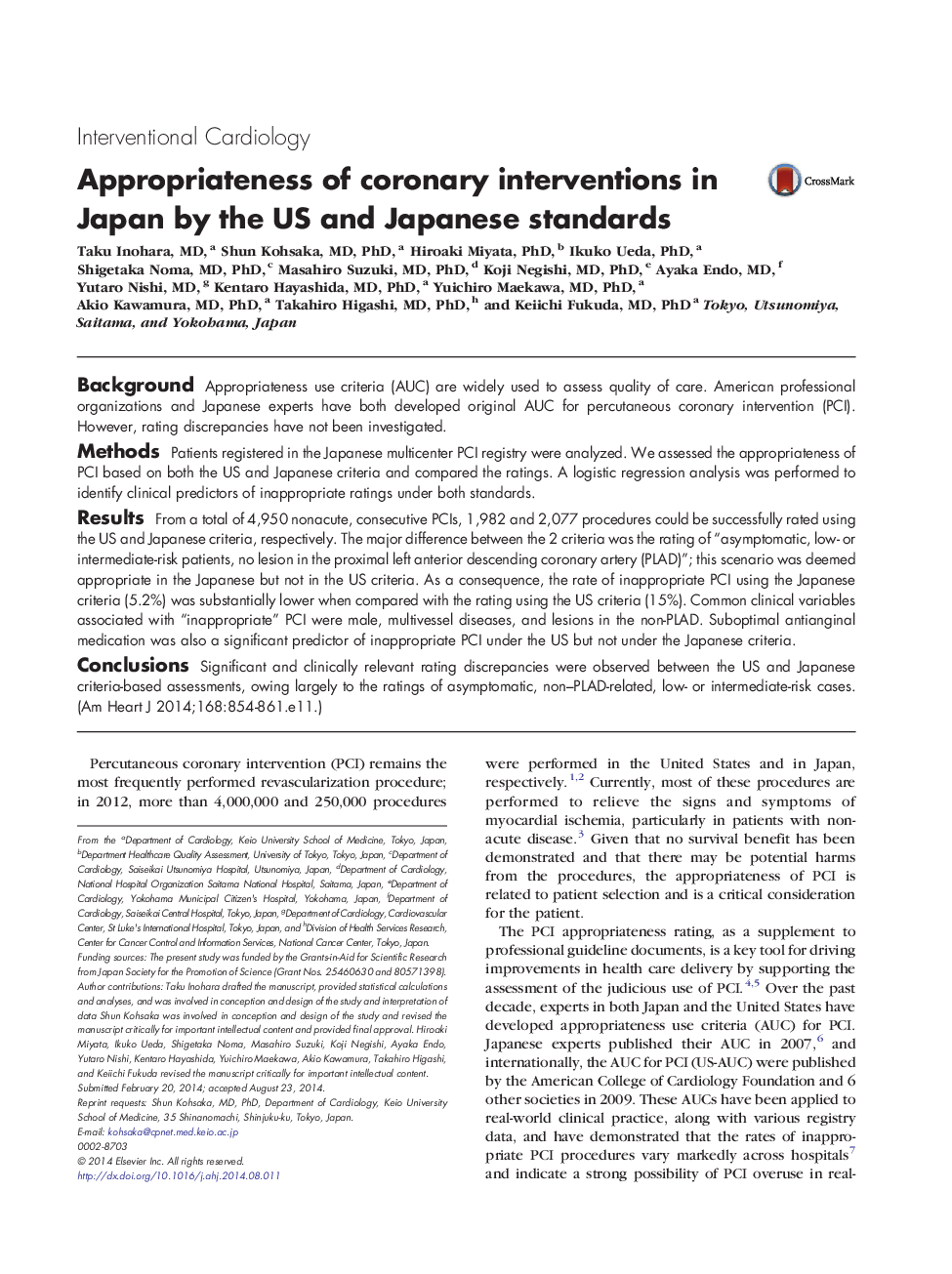Clinical InvestigationInterventional CardiologyAppropriateness of coronary interventions in Japan by the US and Japanese standards