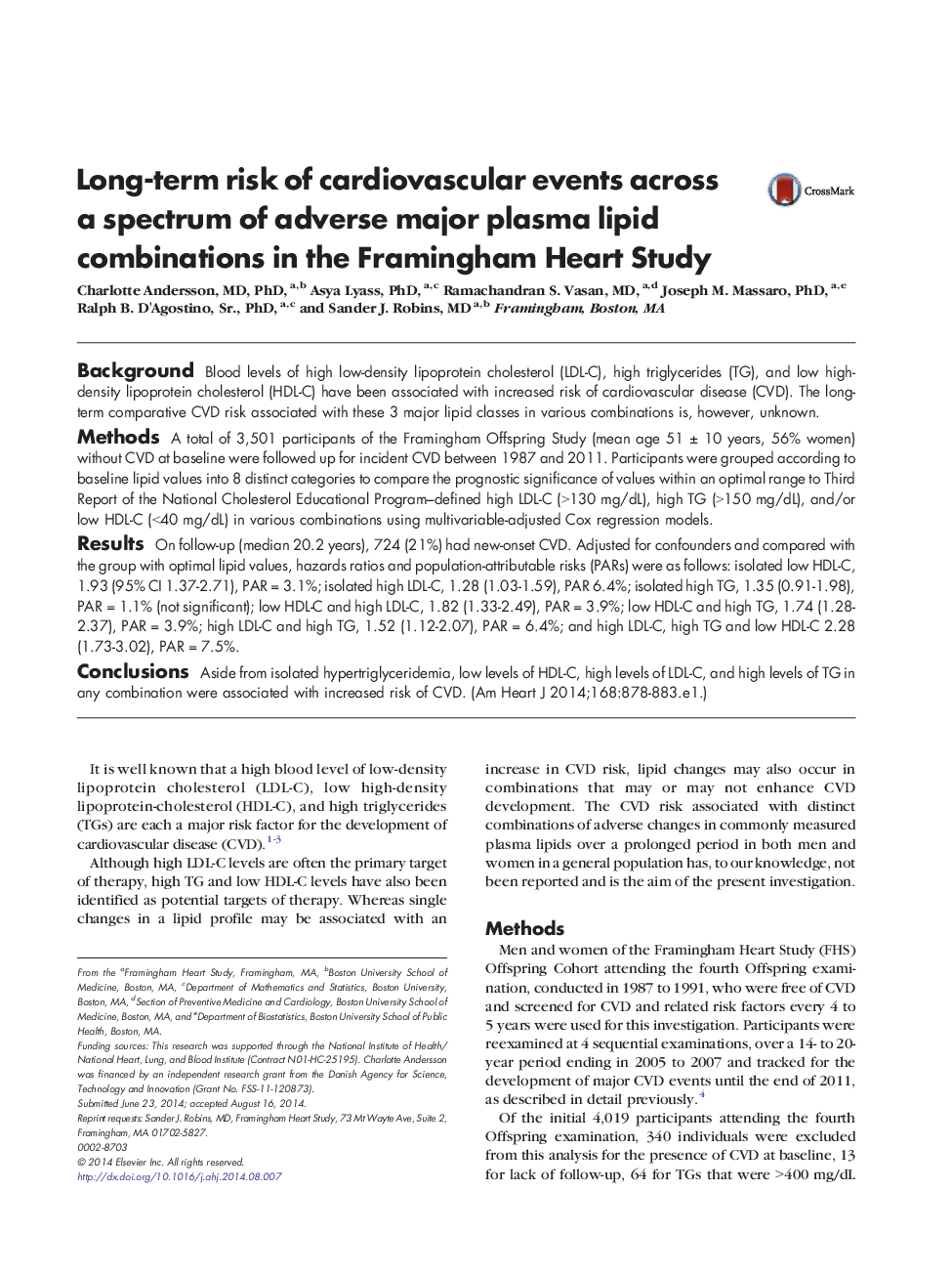 Long-term risk of cardiovascular events across a spectrum of adverse major plasma lipid combinations in the Framingham Heart Study