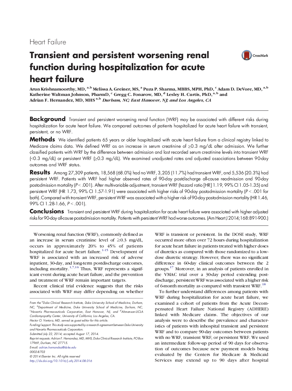 Clinical InvestigationHeart FailureTransient and persistent worsening renal function during hospitalization for acute heart failure
