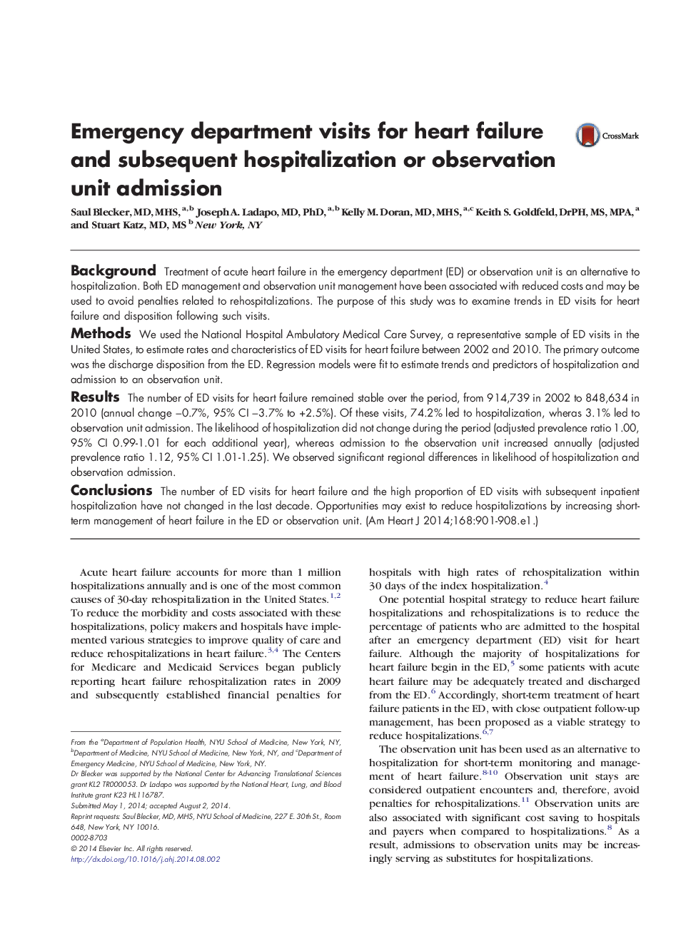 Clinical InvestigationsHeart FailureEmergency department visits for heart failure and subsequent hospitalization or observation unit admission