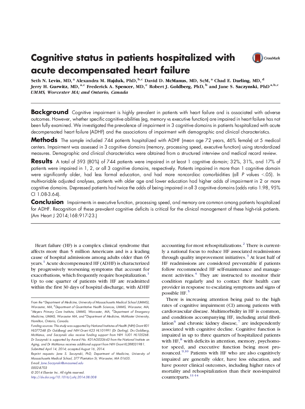 Clinical InvestigationHeart FailureCognitive status in patients hospitalized with acute decompensated heart failure