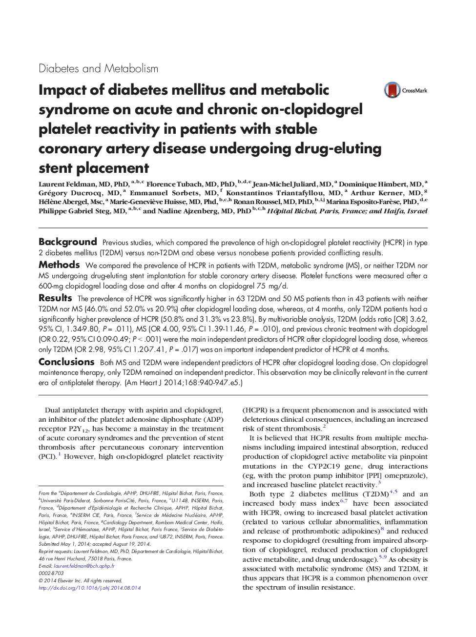 Impact of diabetes mellitus and metabolic syndrome on acute and chronic on-clopidogrel platelet reactivity in patients with stable coronary artery disease undergoing drug-eluting stent placement