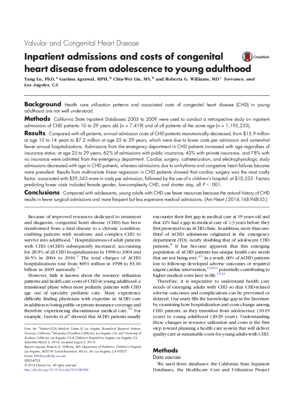 Inpatient admissions and costs of congenital heart disease from adolescence to young adulthood