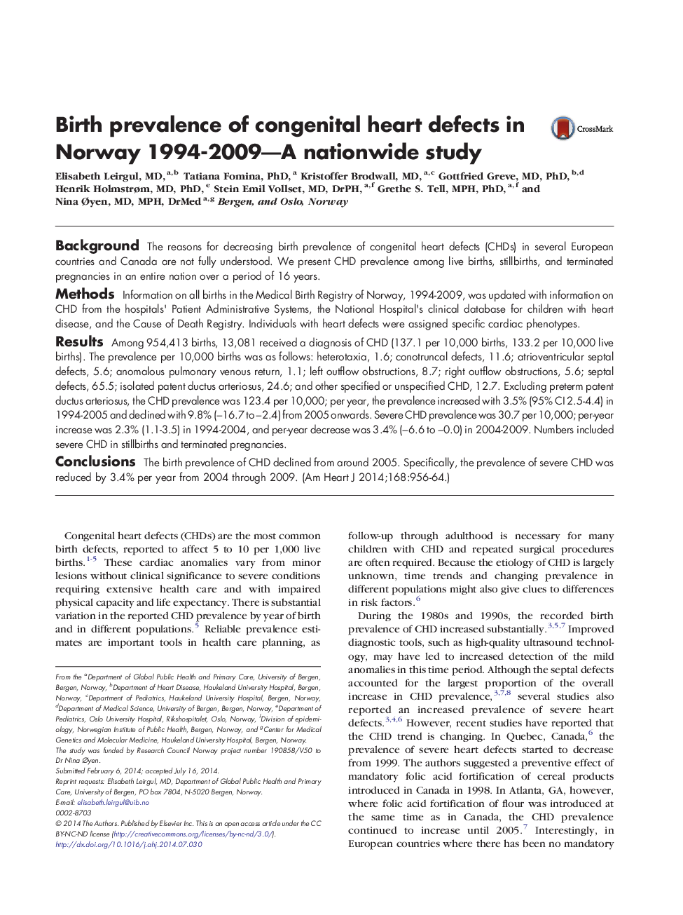 Birth prevalence of congenital heart defects in Norway 1994-2009-A nationwide study