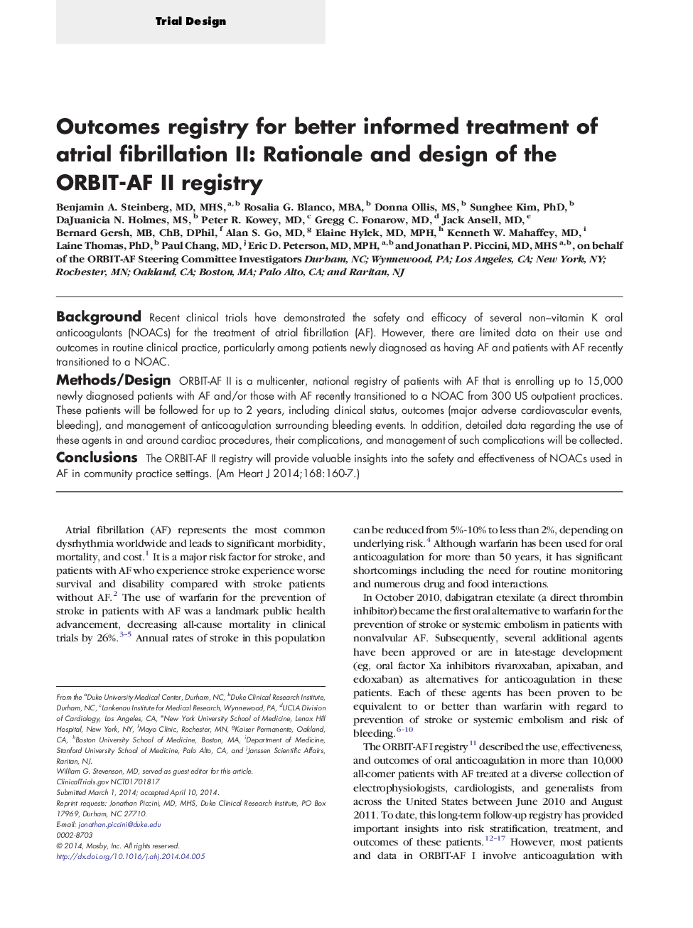 Trial DesignOutcomes registry for better informed treatment of atrial fibrillation II: Rationale and design of the ORBIT-AF II registry