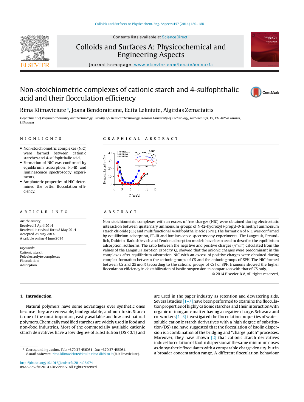 Non-stoichiometric complexes of cationic starch and 4-sulfophthalic acid and their flocculation efficiency