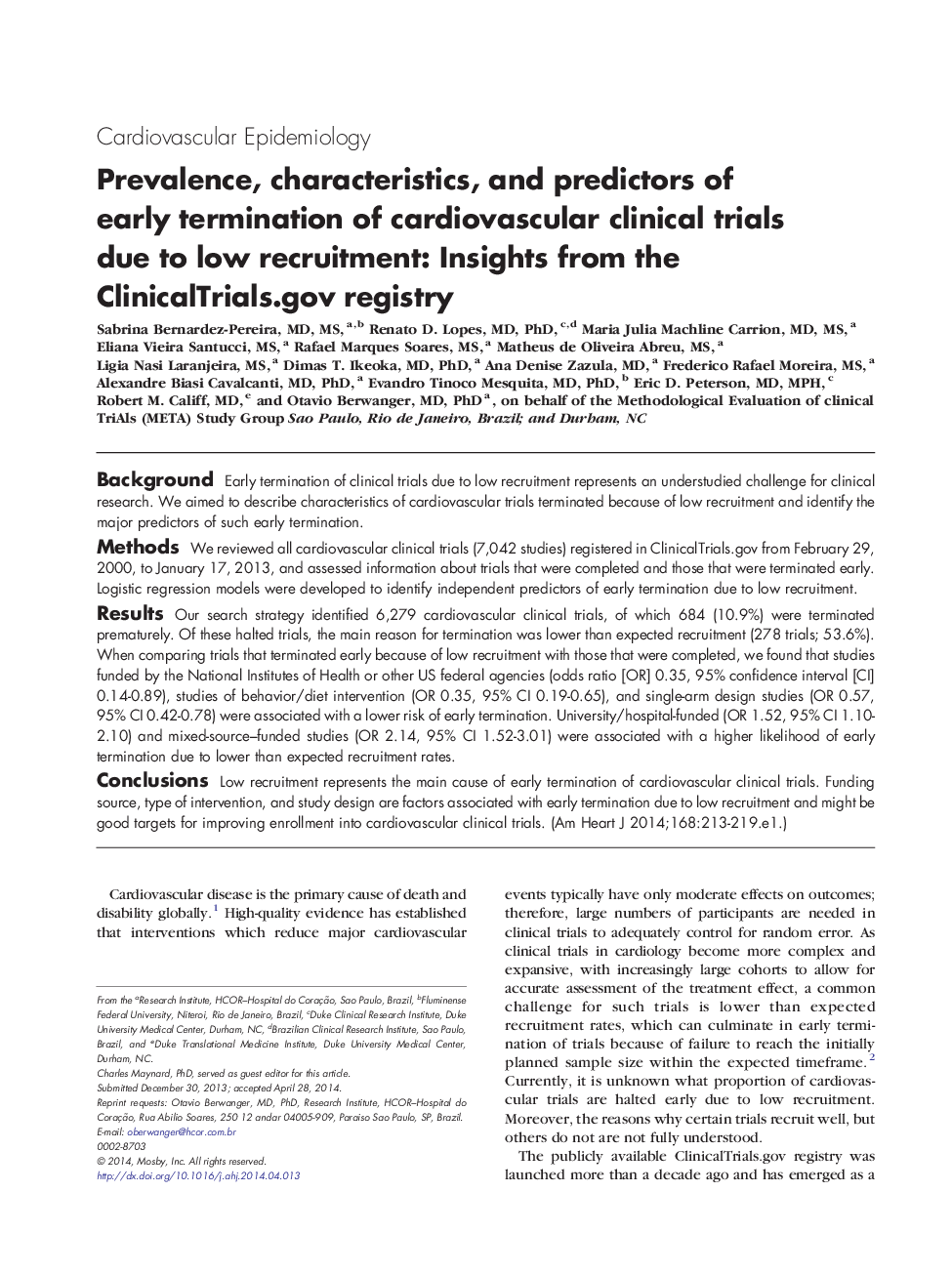 Prevalence, characteristics, and predictors of early termination of cardiovascular clinical trials due to low recruitment: Insights from the ClinicalTrials.gov registry