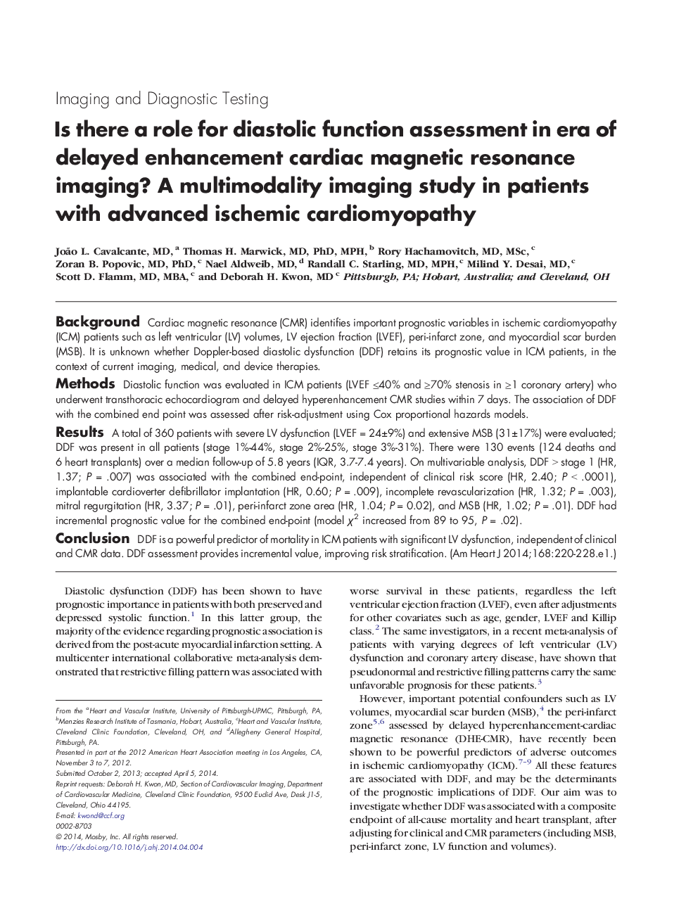 Is there a role for diastolic function assessment in era of delayed enhancement cardiac magnetic resonance imaging?: A multimodality imaging study in patients with advanced ischemic cardiomyopathy