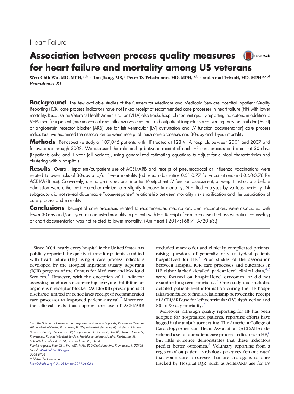 Association between process quality measures for heart failure and mortality among US veterans
