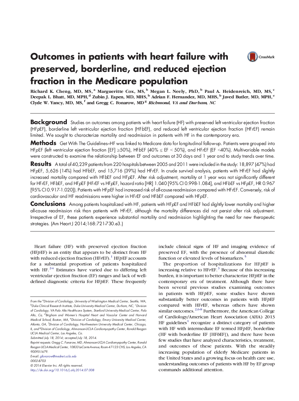 Clinical InvestigationsHeart FailureOutcomes in patients with heart failure with preserved, borderline, and reduced ejection fraction in the Medicare population