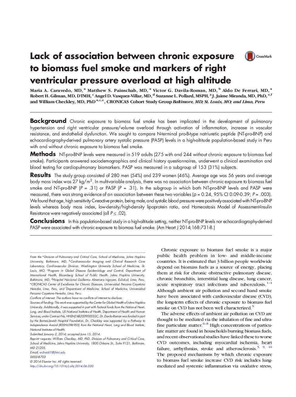 Lack of association between chronic exposure to biomass fuel smoke and markers of right ventricular pressure overload at high altitude