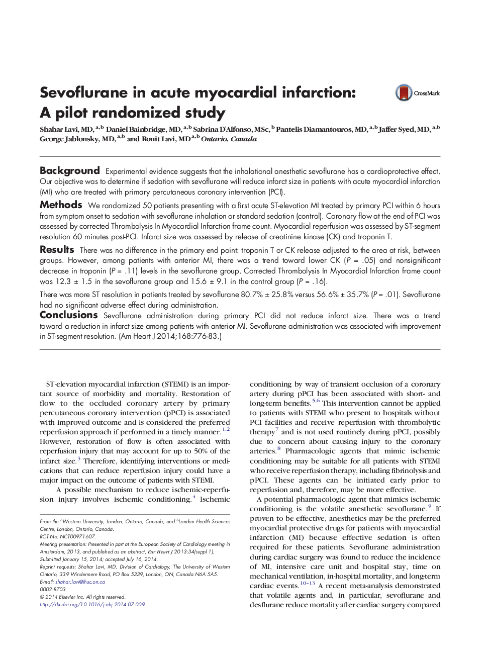 Sevoflurane in acute myocardial infarction: A pilot randomized study