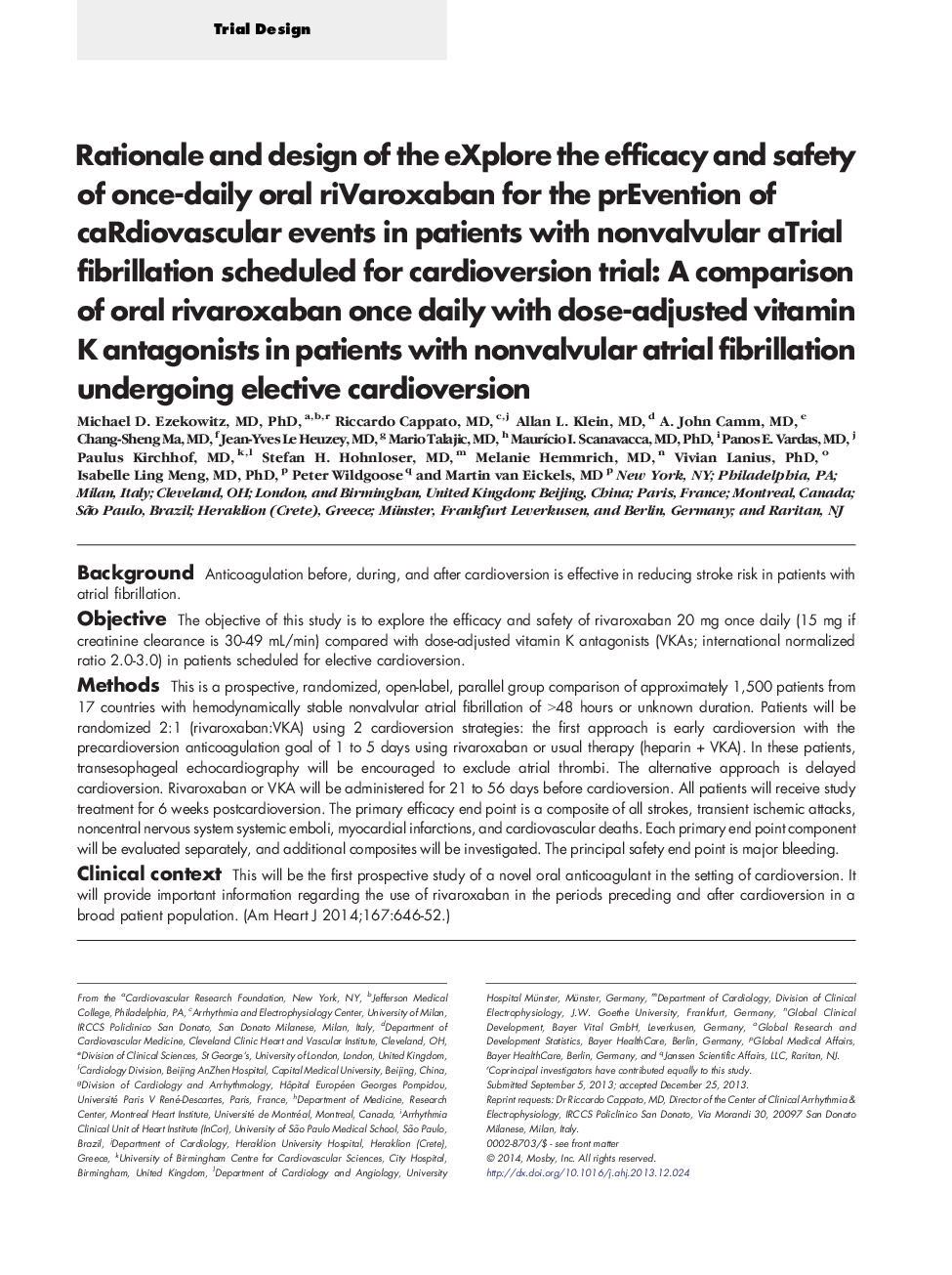 Rationale and design of the eXplore the efficacy and safety of once-daily oral riVaroxaban for the prEvention of caRdiovascular events in patients with nonvalvular aTrial fibrillation scheduled for cardioversion trial: A comparison of oral rivaroxaban onc