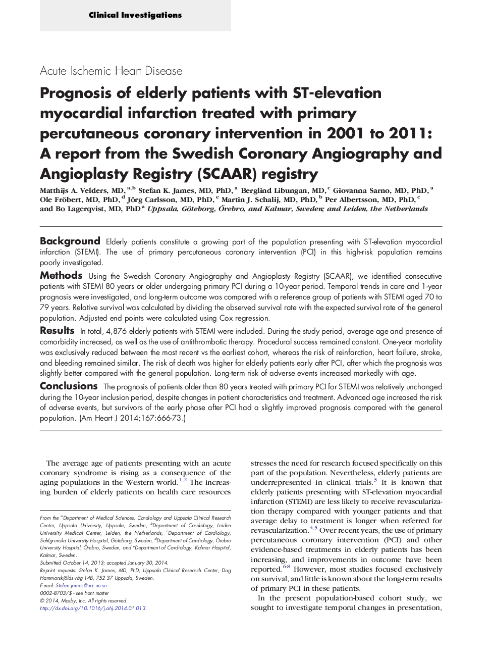 Prognosis of elderly patients with ST-elevation myocardial infarction treated with primary percutaneous coronary intervention in 2001 to 2011: A report from the Swedish Coronary Angiography and Angioplasty Registry (SCAAR) registry