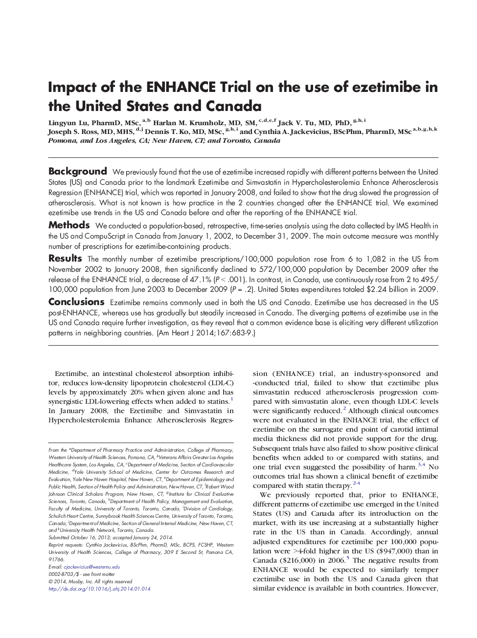 Impact of the ENHANCE Trial on the use of ezetimibe in the United States and Canada