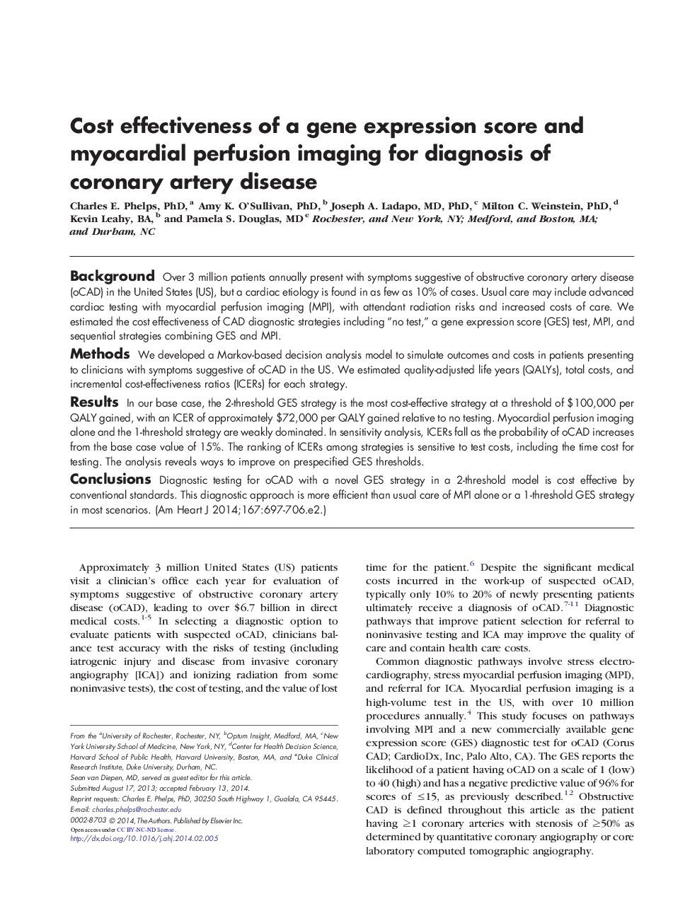 Cost effectiveness of a gene expression score and myocardial perfusion imaging for diagnosis of coronary artery disease 