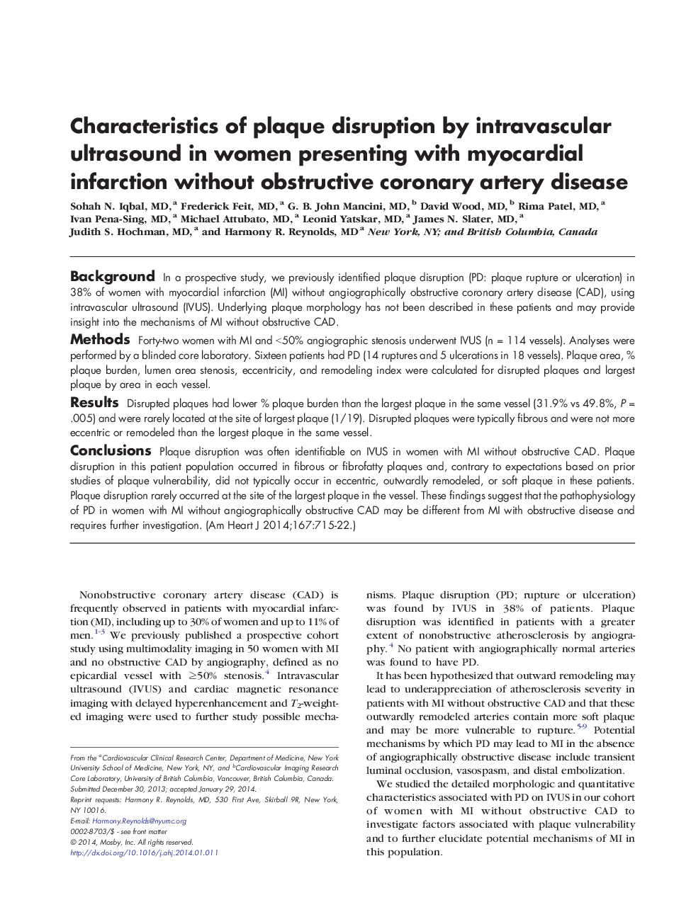 Characteristics of plaque disruption by intravascular ultrasound in women presenting with myocardial infarction without obstructive coronary artery disease