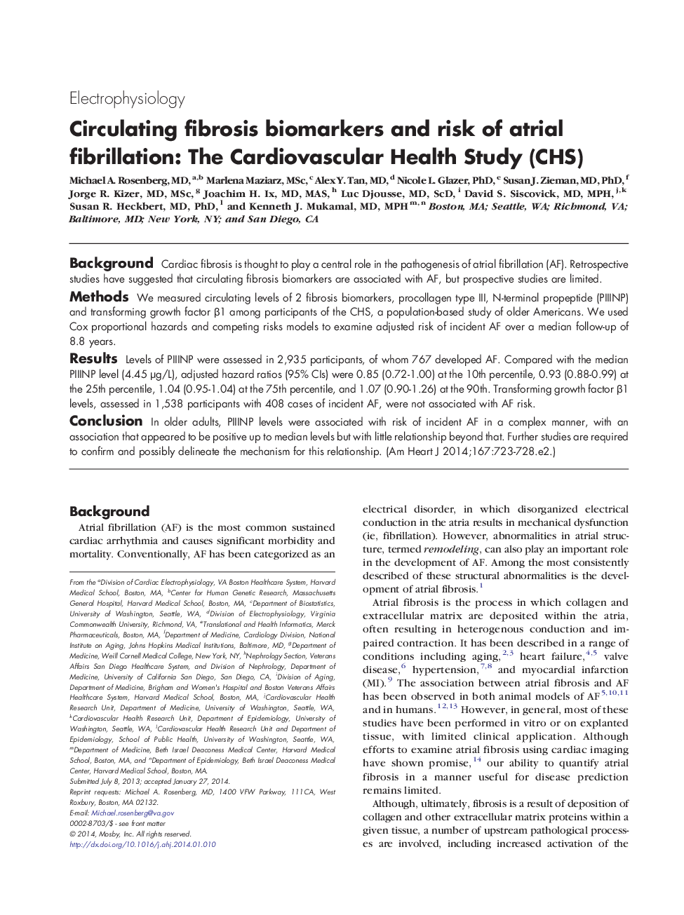 Clinical InvestigationElectrophysiologyCirculating fibrosis biomarkers and risk of atrial fibrillation: The Cardiovascular Health Study (CHS)