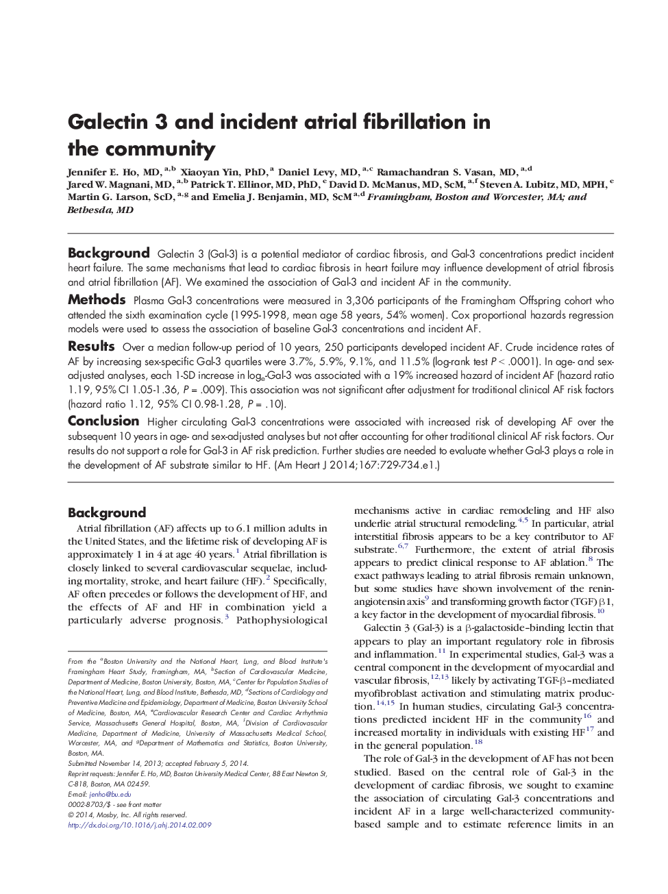 Clinical InvestigationElectrophysiologyGalectin 3 and incident atrial fibrillation in the community