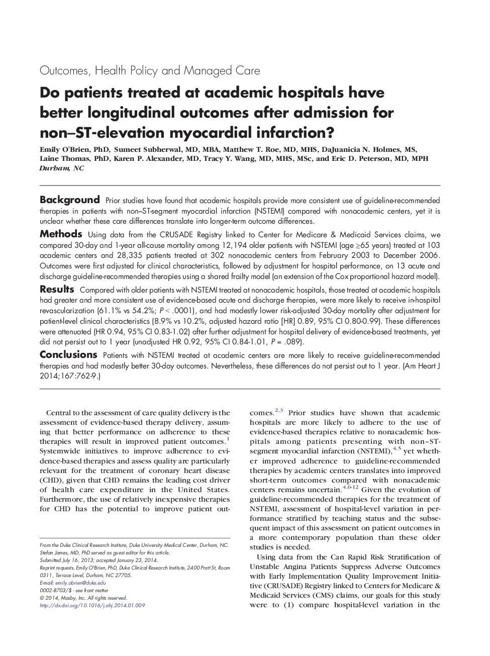 Do patients treated at academic hospitals have better longitudinal outcomes after admission for non-ST-elevation myocardial infarction?