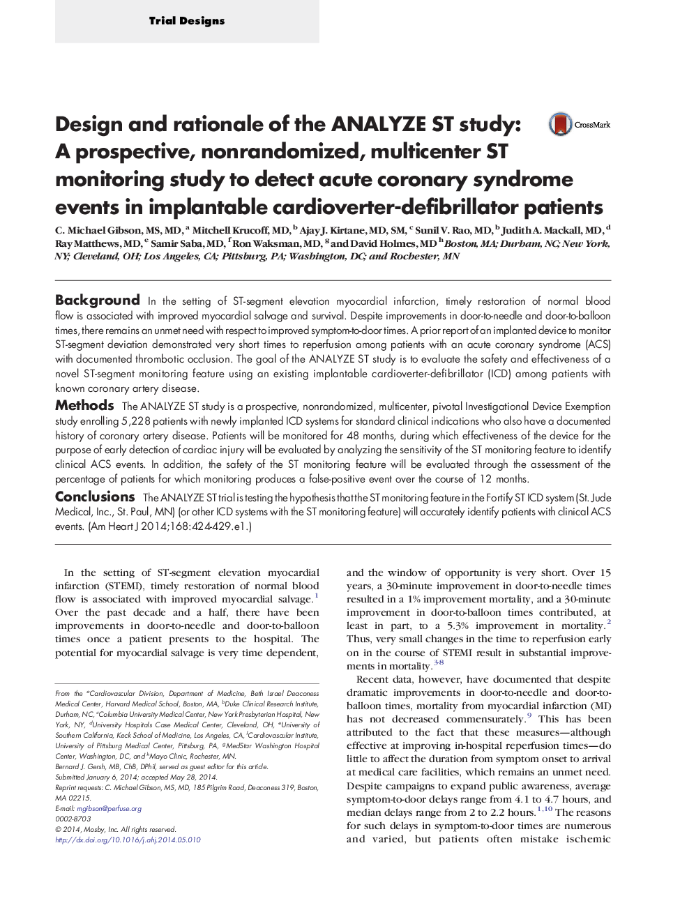 Design and rationale of the ANALYZE ST study: A prospective, nonrandomized, multicenter ST monitoring study to detect acute coronary syndrome events in implantable cardioverter-defibrillator patients