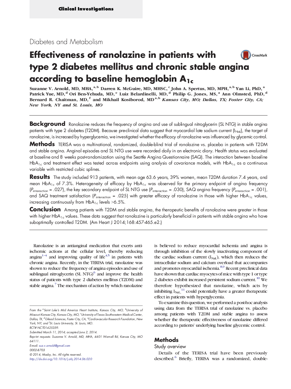 Effectiveness of ranolazine in patients with type 2 diabetes mellitus and chronic stable angina according to baseline hemoglobin A1c