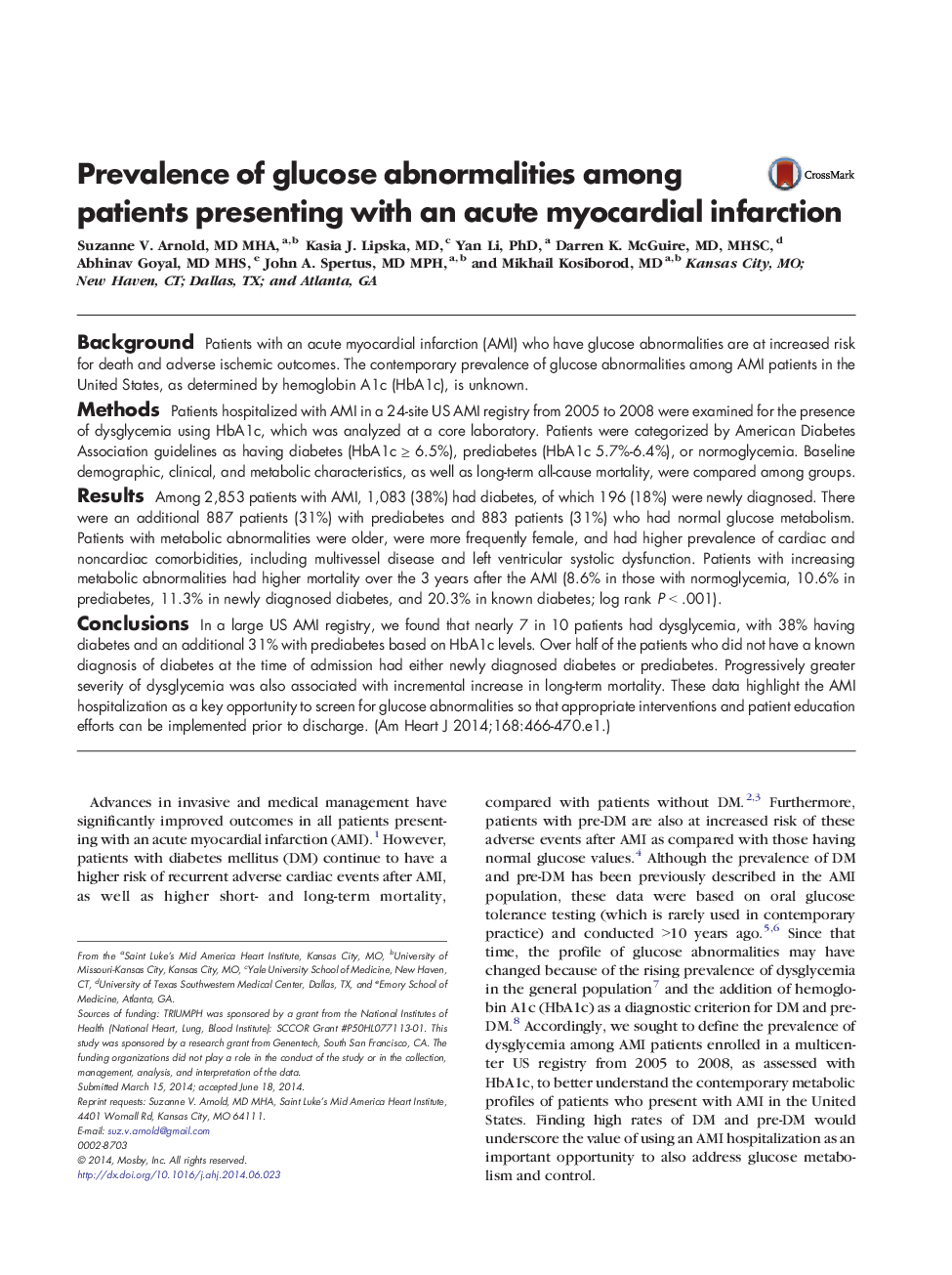 Prevalence of glucose abnormalities among patients presenting with an acute myocardial infarction