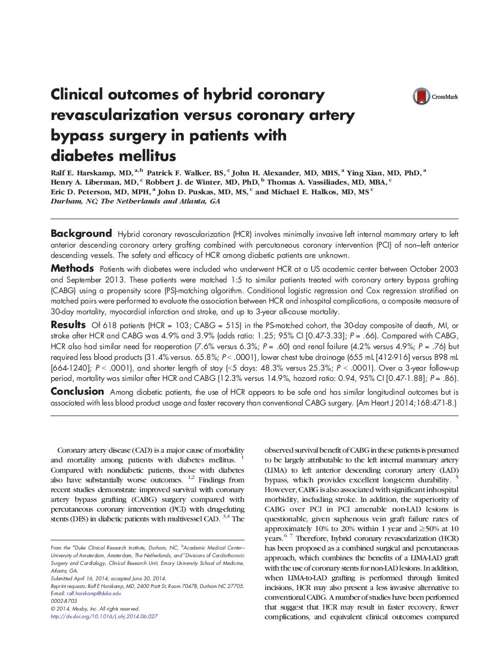 Clinical outcomes of hybrid coronary revascularization versus coronary artery bypass surgery in patients with diabetes mellitus