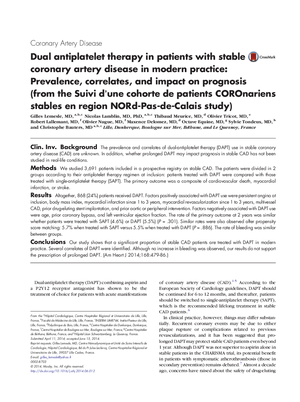 Dual antiplatelet therapy in patients with stable coronary artery disease in modern practice: Prevalence, correlates, and impact on prognosis (from the Suivi d'une cohorte de patients COROnariens stables en region NORd-Pas-de-Calais study)