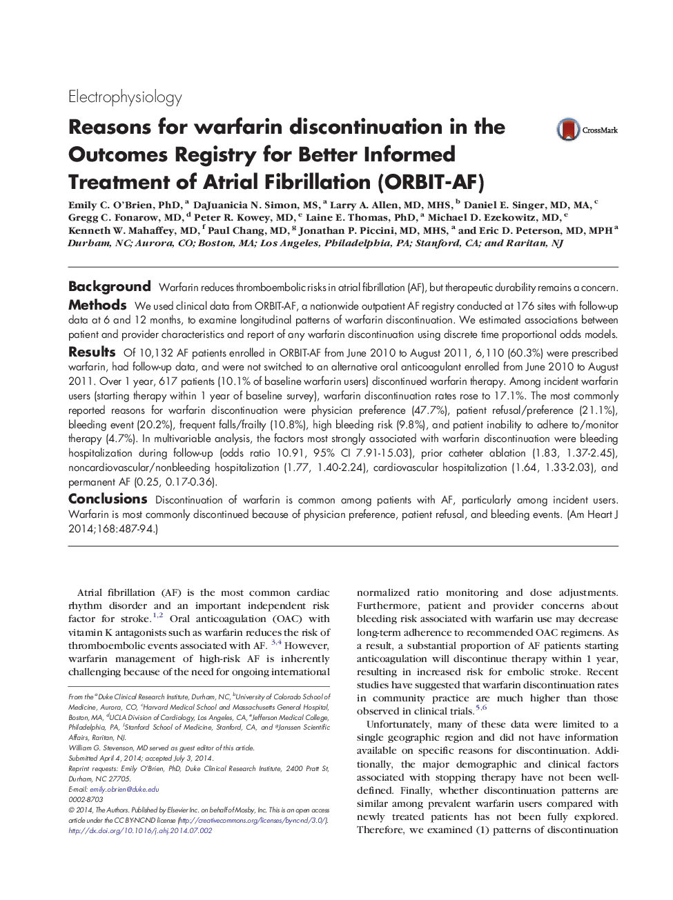 Reasons for warfarin discontinuation in the Outcomes Registry for Better Informed Treatment of Atrial Fibrillation (ORBIT-AF)