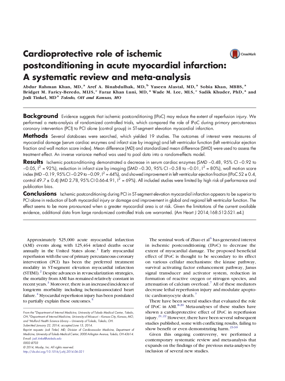 Cardioprotective role of ischemic postconditioning in acute myocardial infarction: A systematic review and meta-analysis