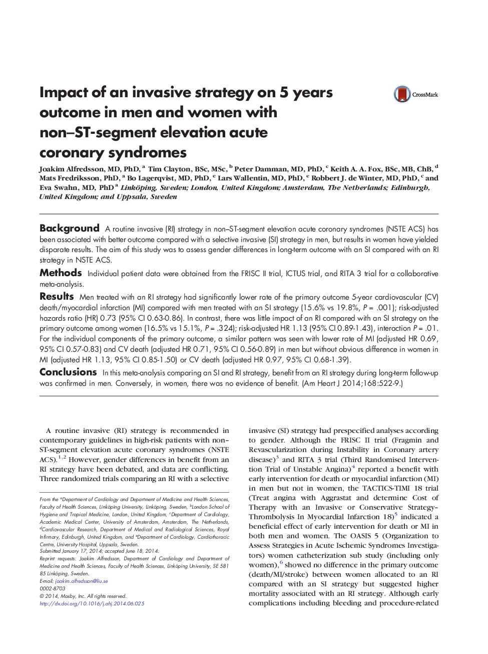 Impact of an invasive strategy on 5 years outcome in men and women with non-ST-segment elevation acute coronary syndromes