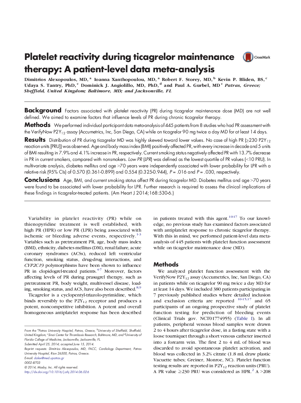 Platelet reactivity during ticagrelor maintenance therapy: A patient-level data meta-analysis