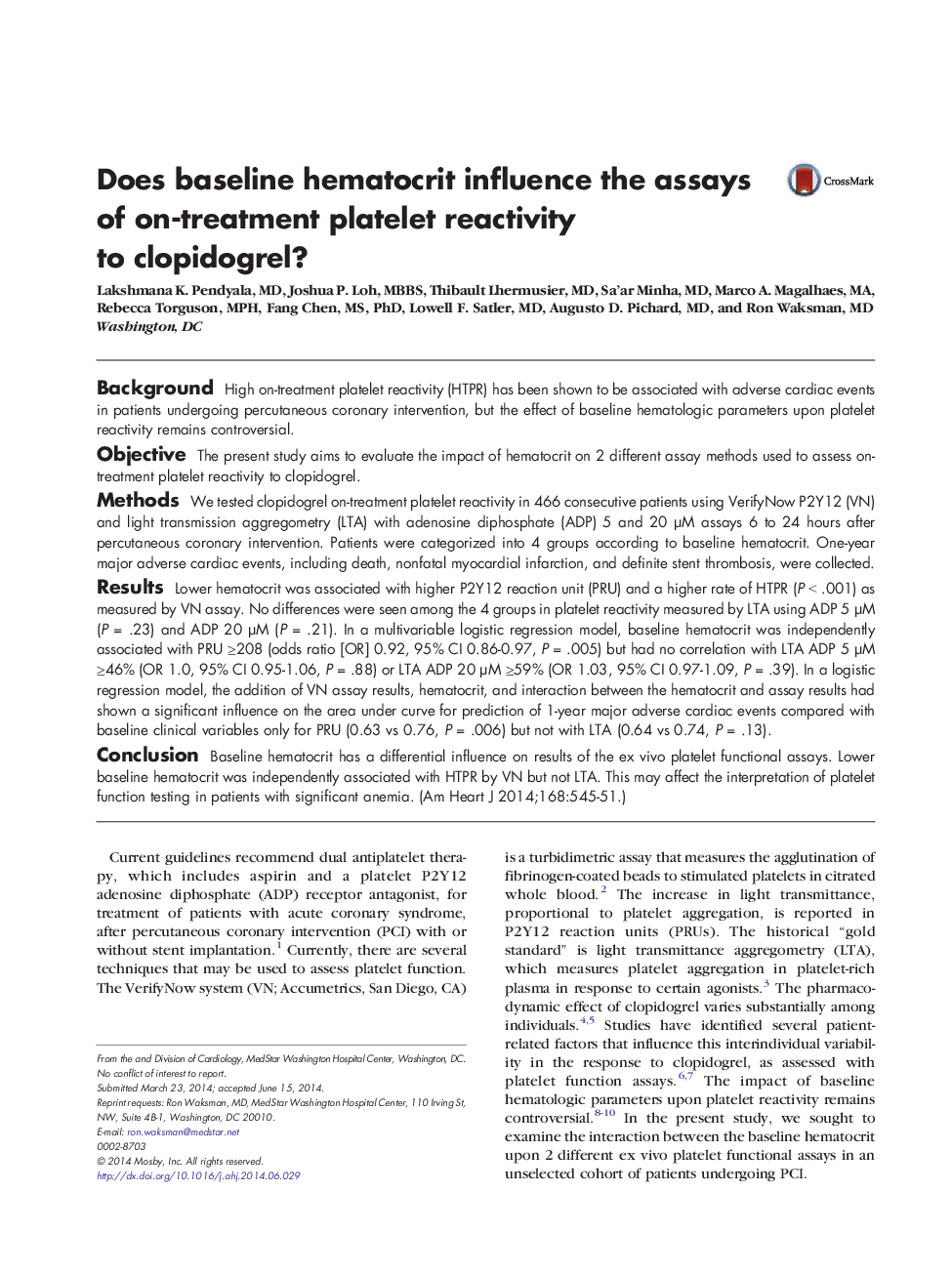 Does baseline hematocrit influence the assays of on-treatment platelet reactivity to clopidogrel?