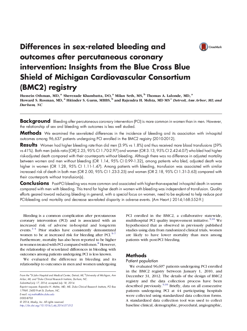 Clinical InvestigationInterventional CardiologyDifferences in sex-related bleeding and outcomes after percutaneous coronary intervention: Insights from the Blue Cross Blue Shield of Michigan Cardiovascular Consortium (BMC2) registry