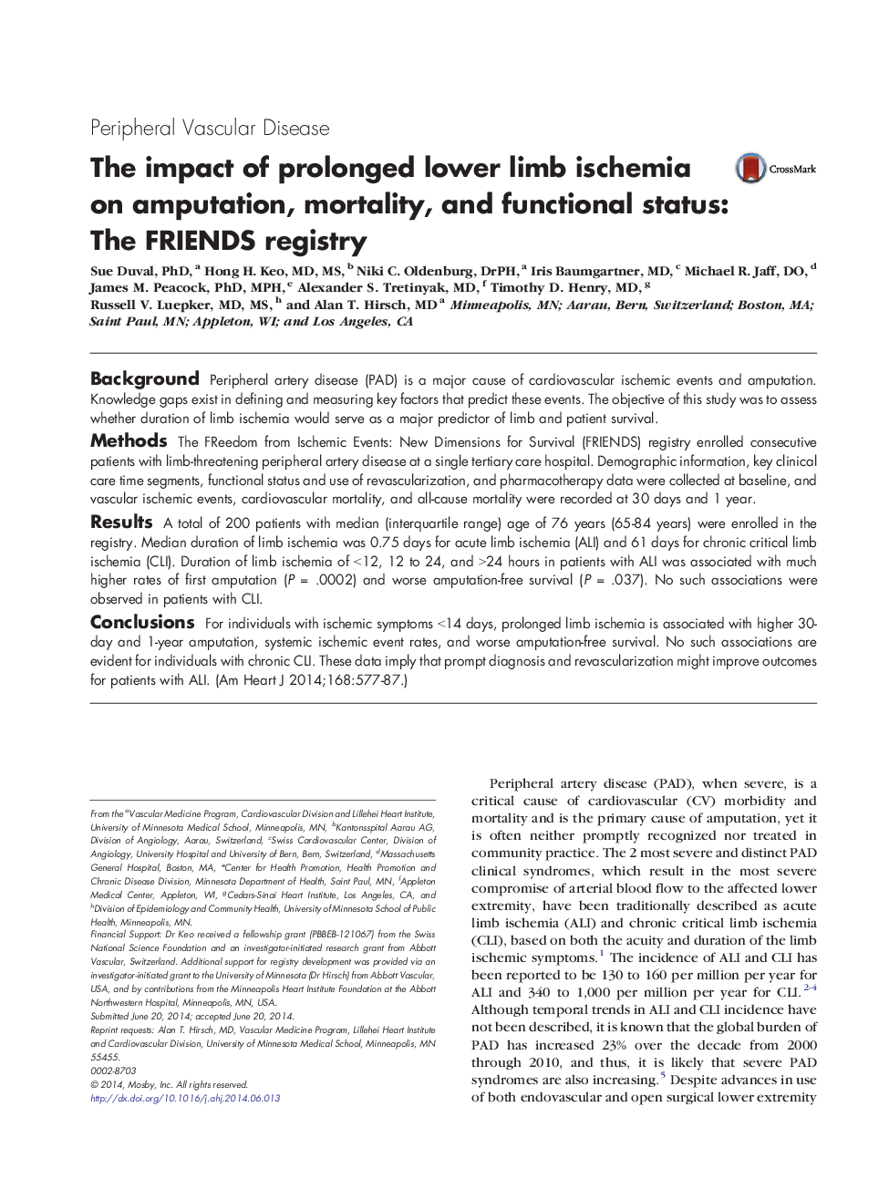 Clinical InvestigationPeripheral Vascular DiseaseThe impact of prolonged lower limb ischemia on amputation, mortality, and functional status: The FRIENDS registry