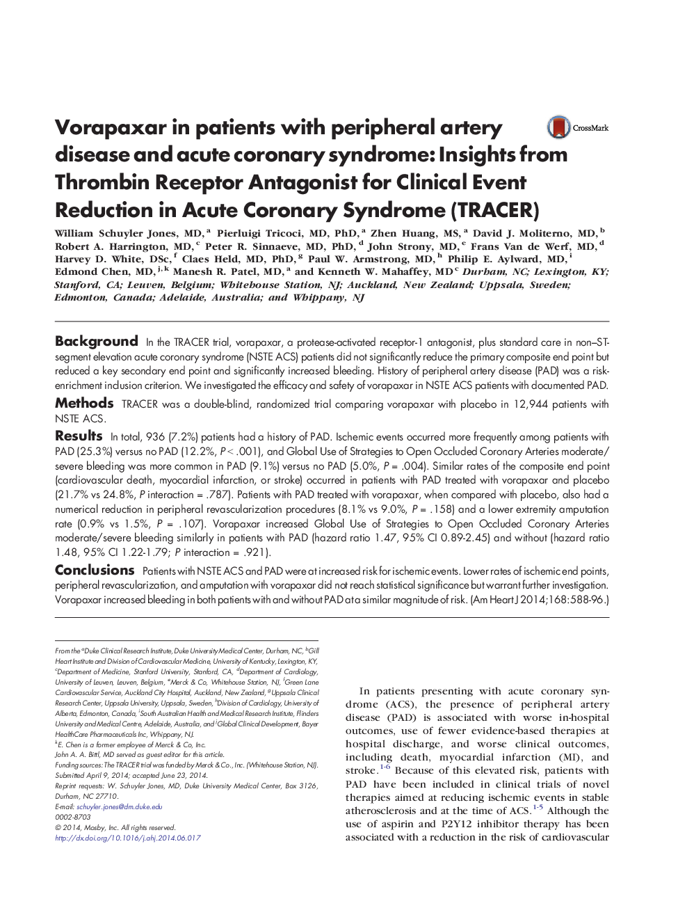 Vorapaxar in patients with peripheral artery disease and acute coronary syndrome: Insights from Thrombin Receptor Antagonist for Clinical Event Reduction in Acute Coronary Syndrome (TRACER)