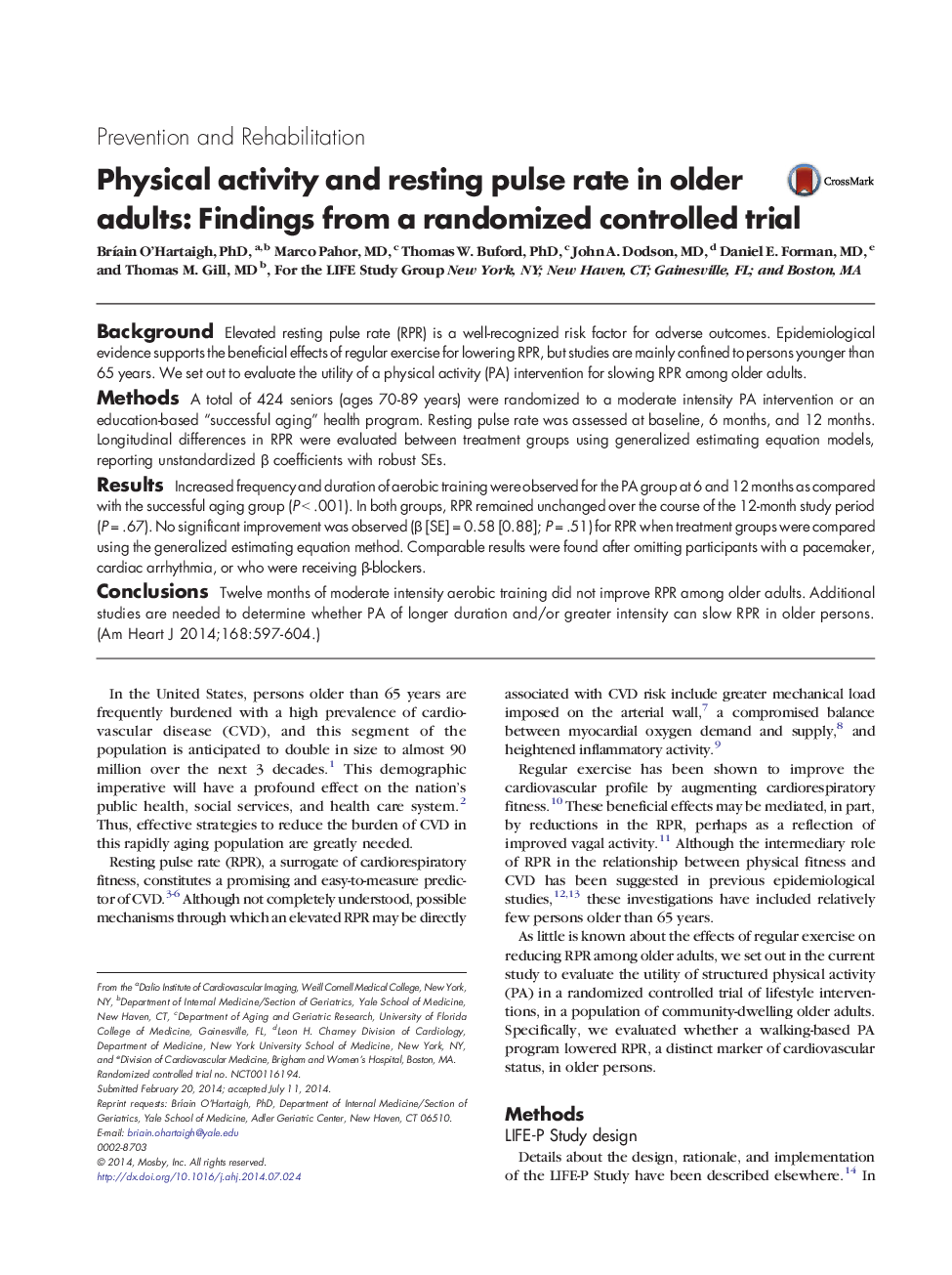 Physical activity and resting pulse rate in older adults: Findings from a randomized controlled trial