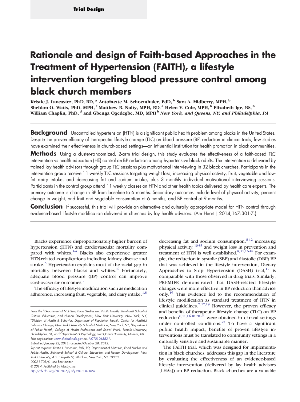 Rationale and design of Faith-based Approaches in the Treatment of Hypertension (FAITH), a lifestyle intervention targeting blood pressure control among black church members 