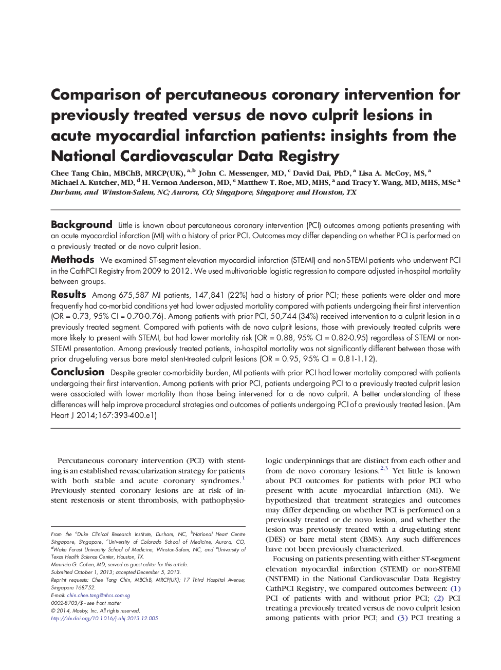 Comparison of percutaneous coronary intervention for previously treated versus de novo culprit lesions in acute myocardial infarction patients: insights from the National Cardiovascular Data Registry