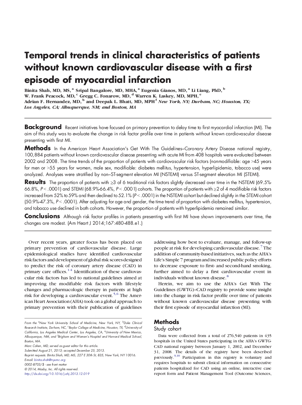Temporal trends in clinical characteristics of patients without known cardiovascular disease with a first episode of myocardial infarction