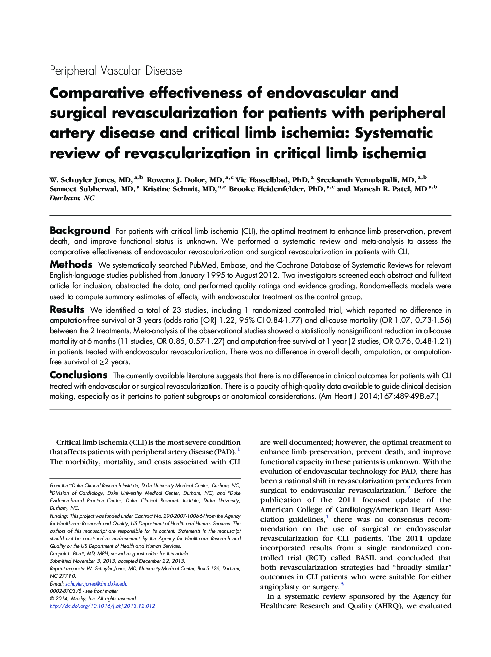 Comparative effectiveness of endovascular and surgical revascularization for patients with peripheral artery disease and critical limb ischemia