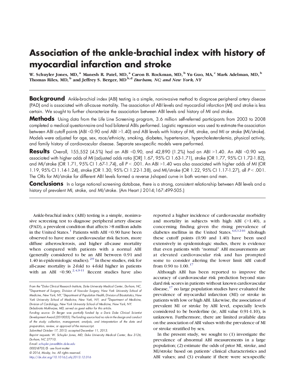 Association of the ankle-brachial index with history of myocardial infarction and stroke