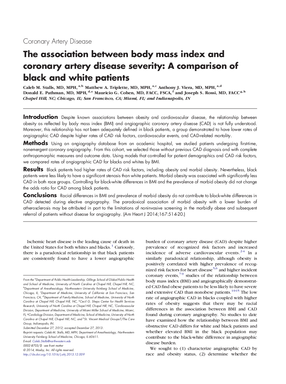 The association between body mass index and coronary artery disease severity: A comparison of black and white patients